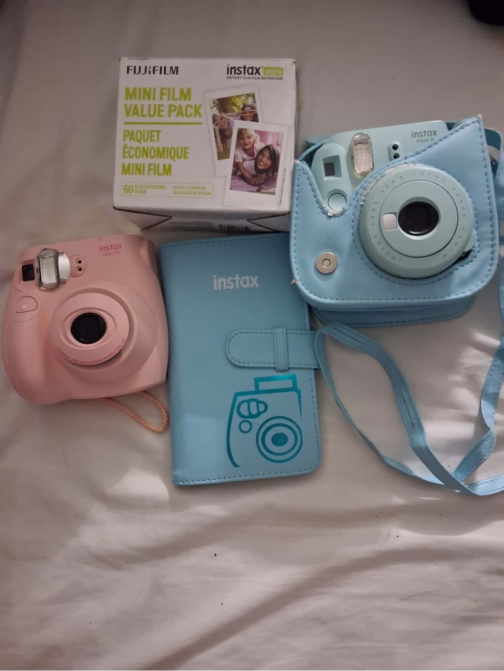 Fujifilm Instax Mini Duo Cameras with Pink and Light Blue Accessories